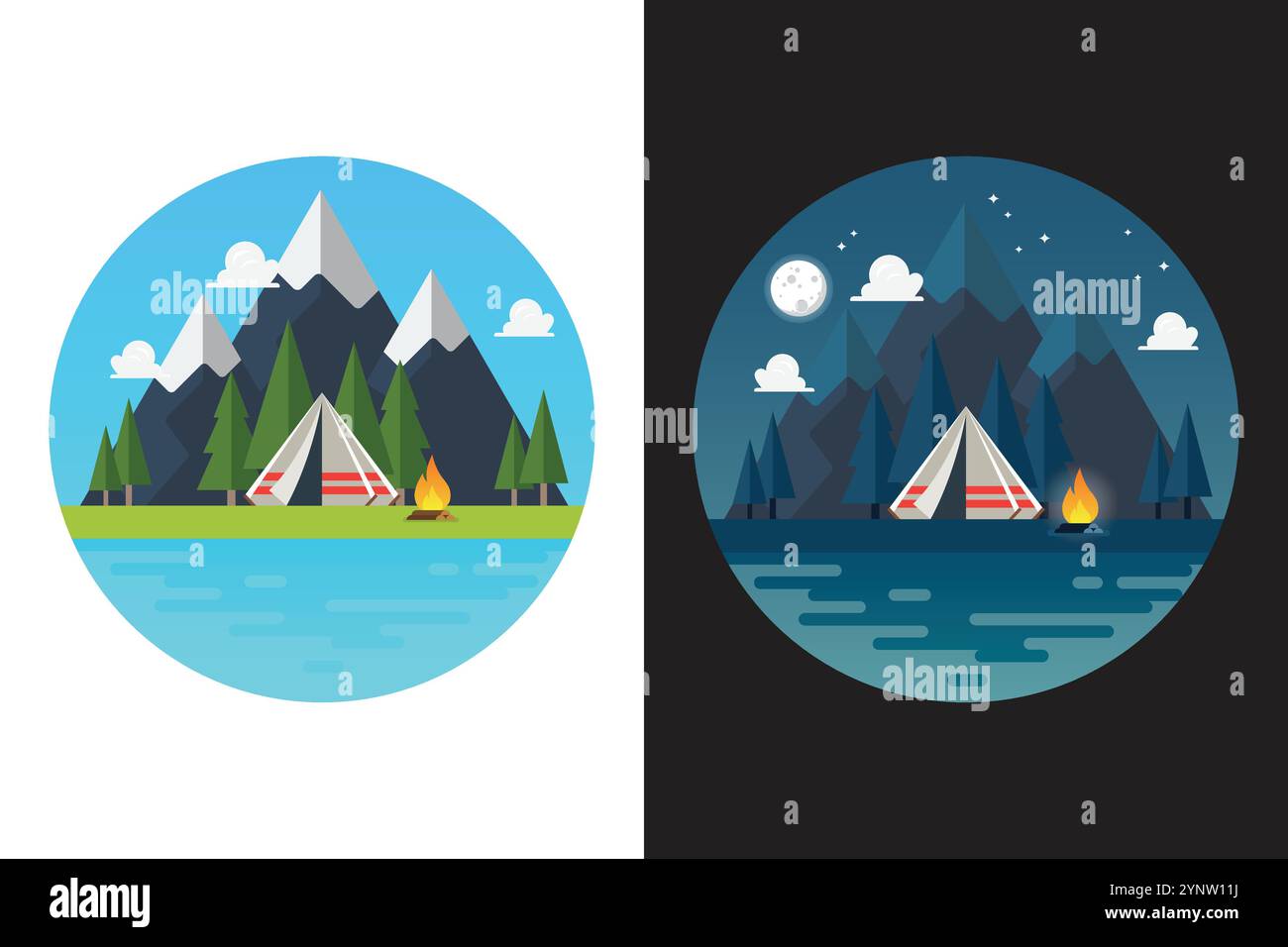 Tenda da da campeggio con loghi di paesaggio diurni e notturni. Illustrazione vettoriale Illustrazione Vettoriale