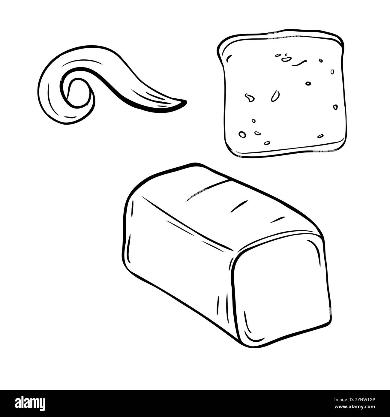Pane pane intero bianco e nero, illustrazione vettoriale isolata. Bozza grafica disegnata a mano con pane, toast e burro. Arte lineare dipinta a forma di pane bianco Illustrazione Vettoriale