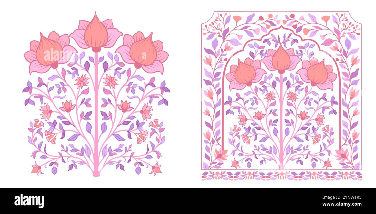 Motivi floreali decorativi moghul. Vintage in stile tradizionale moghul con fiori e fogliame. Illustrazione Vettoriale