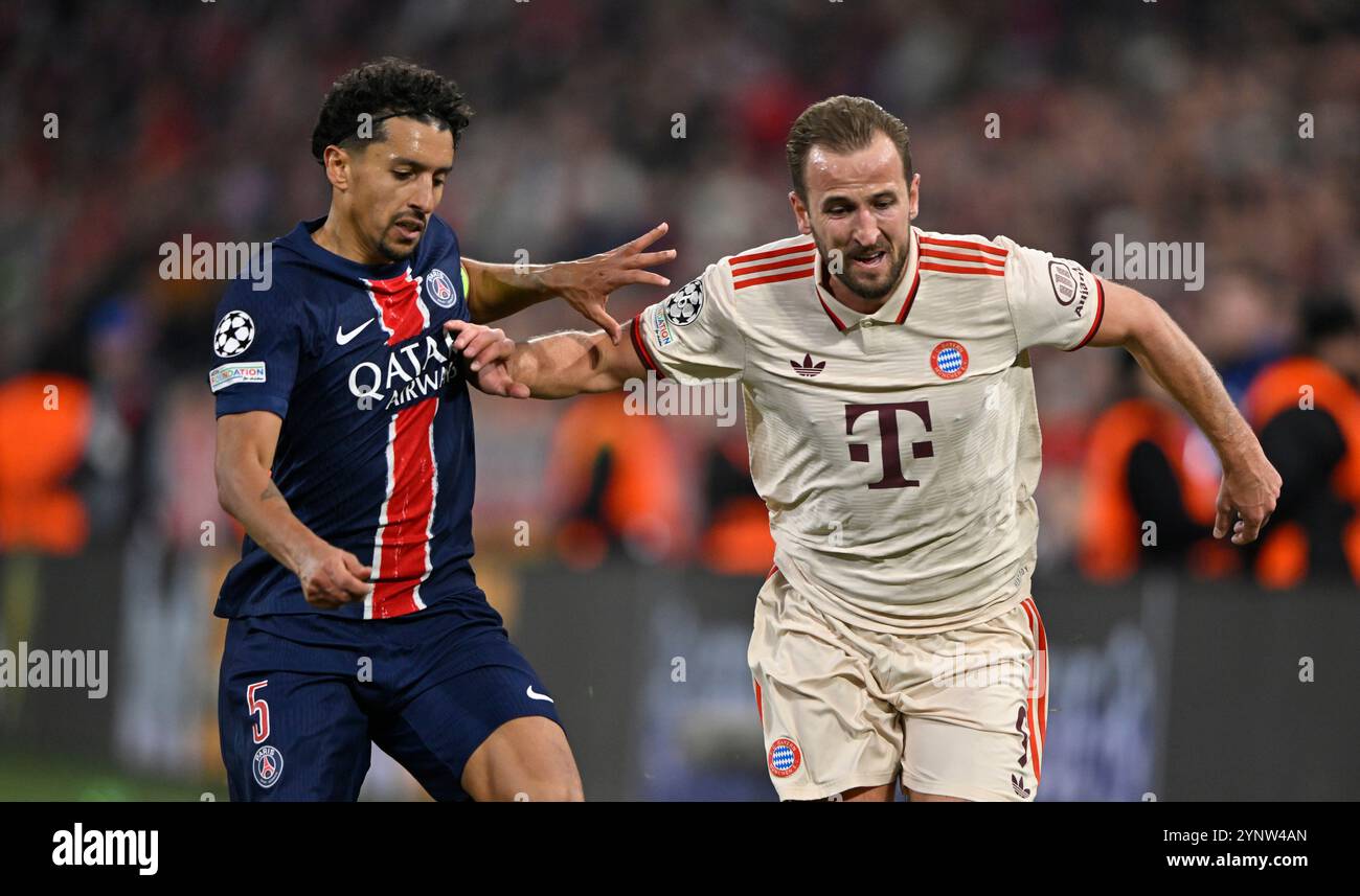 Zweikampf, Aktion Harry Kane FC Bayern Muenchen FCB (09) gegen Marquinhos FC Paris Saint-Germain PSG (05) FC Bayern Muenchen FCB vs Paris Saint-Germain PSG Spieltag 5 26.11.2024 PROIBISCONO L'USO DI FOTOGRAFIE COME SEQUENZE DI IMMAGINI E/O QUASI-VIDEO Foto Stock