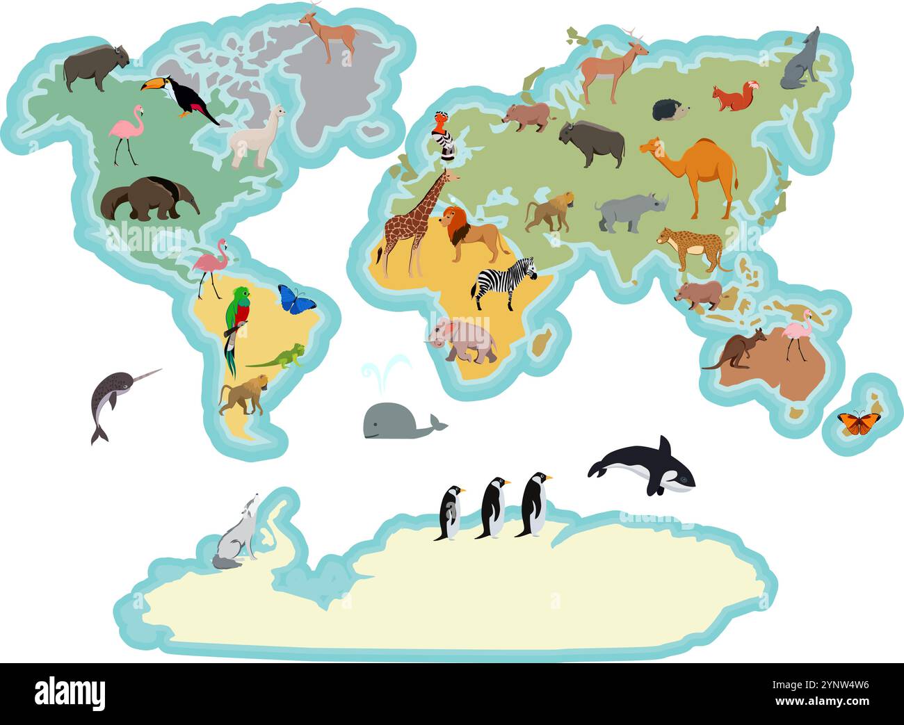 Una mappa colorata del mondo con molti animali diversi su di essa Illustrazione Vettoriale