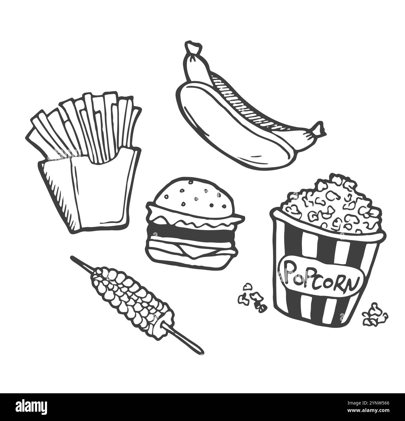 Collezione disegnata a mano di icone di fast food. Concetto di cibo e bevande. Illustrazione vettoriale Illustrazione Vettoriale