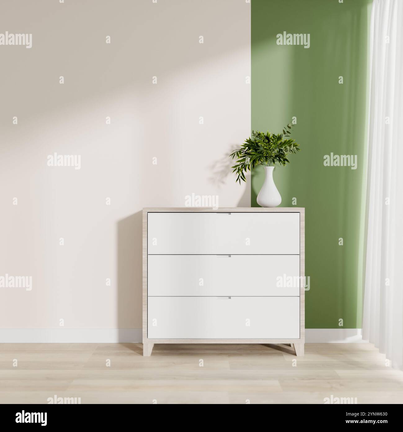Una camera minimalista presenta un semplice cassetto, una pianta decorativa, pavimento in parquet e luce solare che proietta ombre morbide sulle pareti bianche e verdi. 3d re Foto Stock