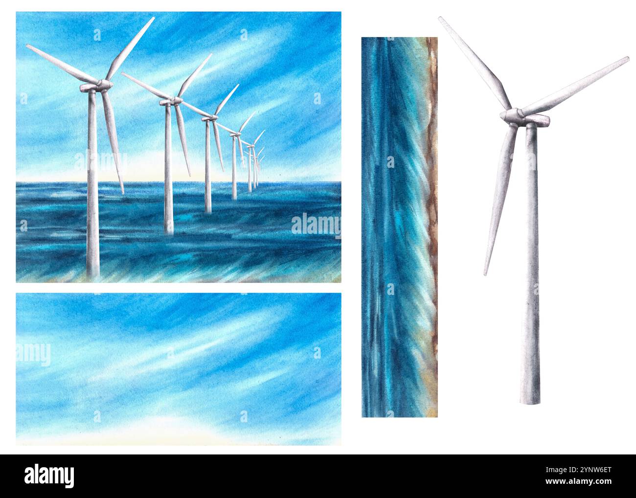 Costruttore di paesaggi parco eolico offshore sull'oceano con cielo blu. Parco eolico sul mare. Potenza dei mulini a vento acquerello illustrazione disegnata a mano Foto Stock