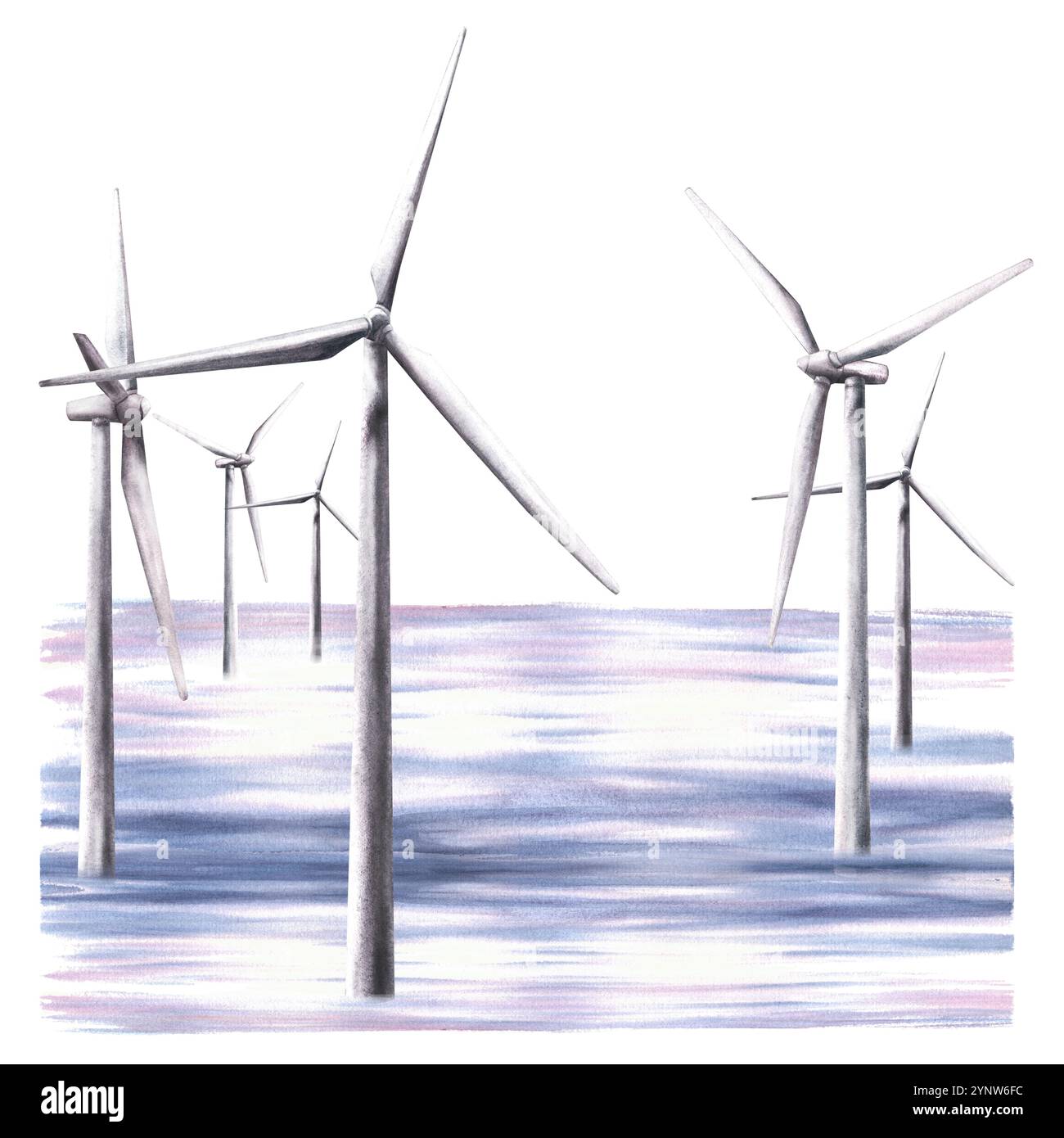 Parco eolico offshore in mare o nell'oceano. Parco turbine eoliche. I mulini a vento alimentano l'energia. Illustrazione disegnata a mano con acquerello. Clipart per la tua alternativa Foto Stock