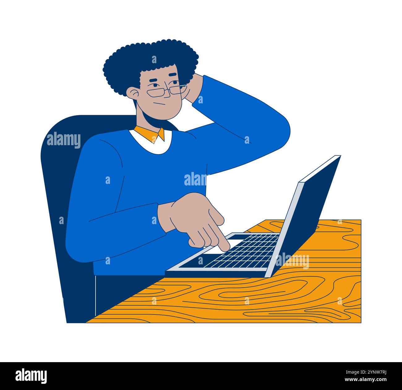 Impiegato ispanico confuso che fa clic sulla tastiera laptop personaggio dei cartoni animati 2D. Illustrazione Vettoriale