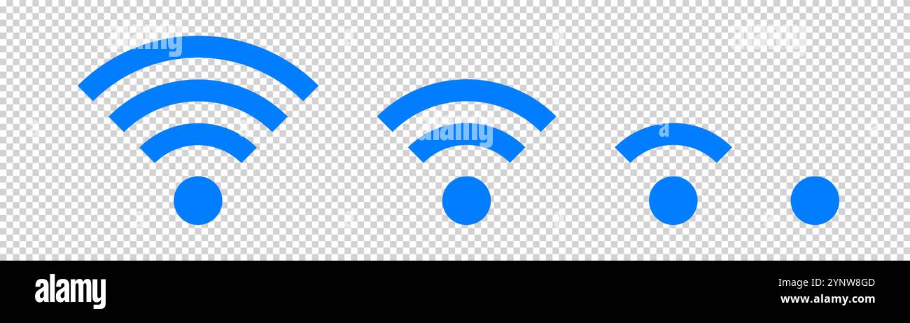 Set di icone vettoriali Wi-Fi per comunicazioni e telecomunicazioni. Livello del segnale wireless di comunicazione wi-fi. Illustrazione Clipart. Stato della barra mobile. Illustrazione Vettoriale