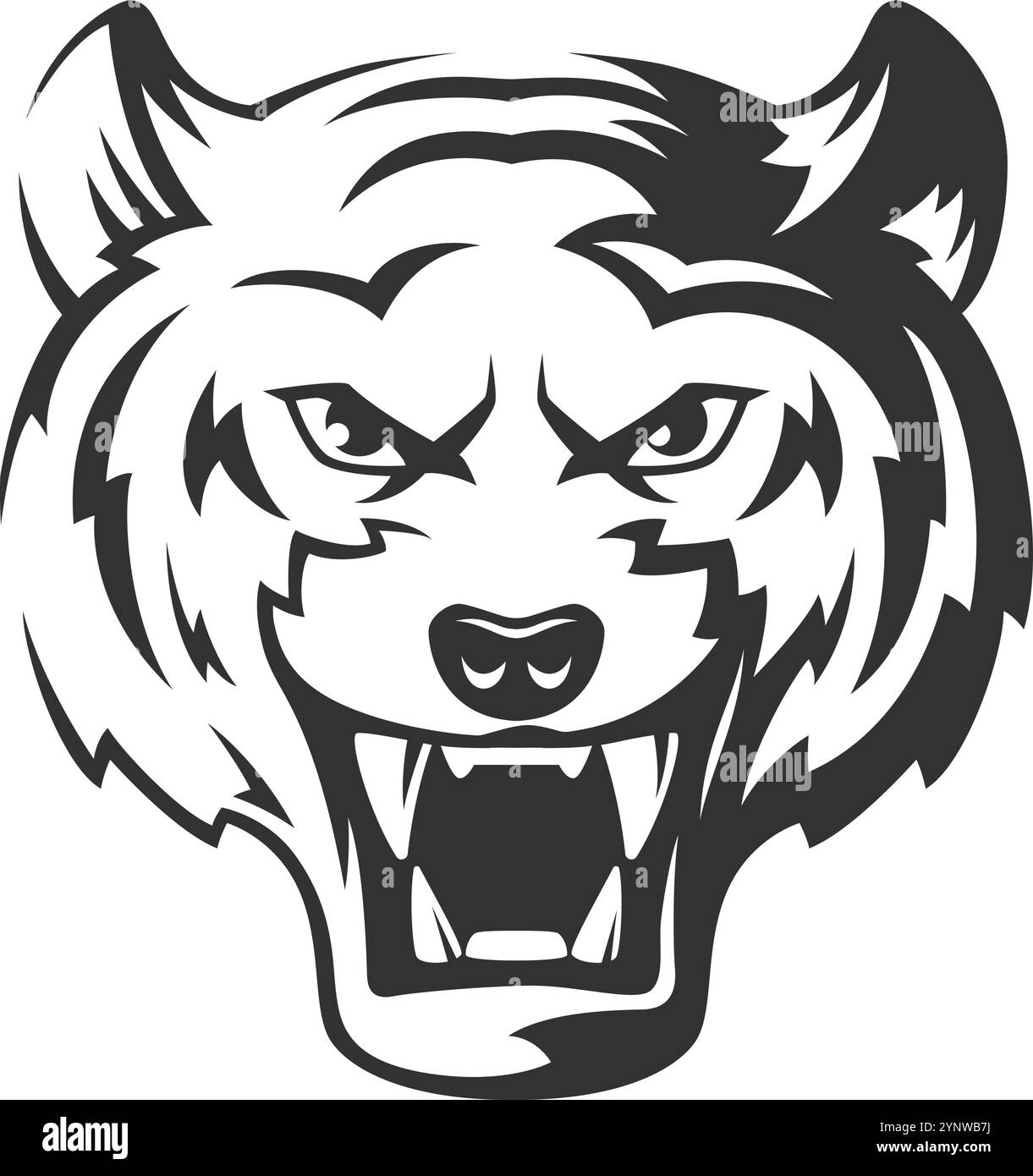 Un disegno in bianco e nero di un lupo con la bocca aperta e i denti affondati Illustrazione Vettoriale