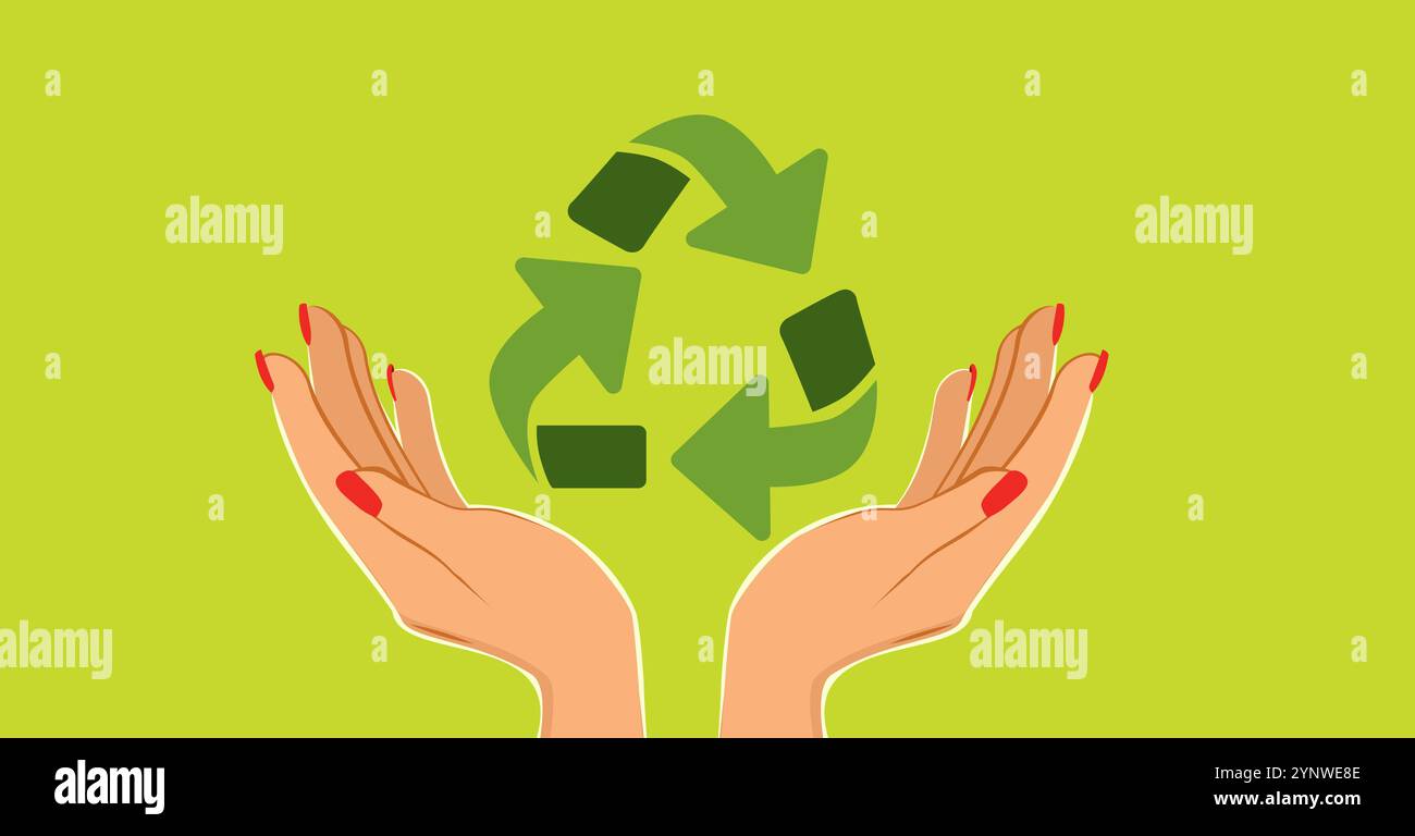 Illustrazione del vettore concettuale con le mani che tengono in mano il simbolo di riciclaggio ecologico. Idea di sostenibilità Foto Stock