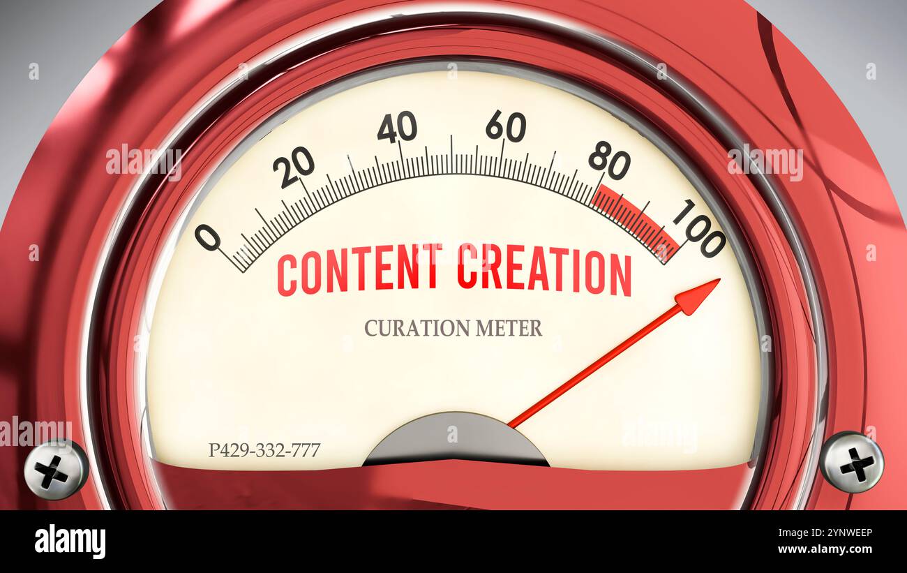 Indicatore di creazione e gestione dei contenuti che sta raggiungendo una scala completa, mostrando un livello molto elevato di creazione dei contenuti Foto Stock