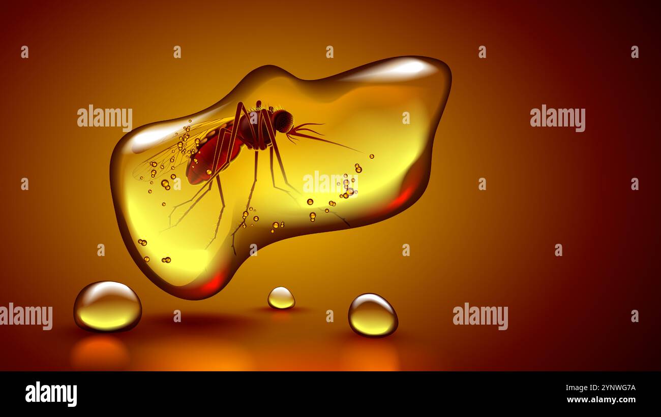 Ambra con zanzara all'interno. Antica pietra arancione fossile color ambra con insetto congelato all'interno. Zanzara fossile in resina di pietra solare. Illus vettoriale realistico Illustrazione Vettoriale