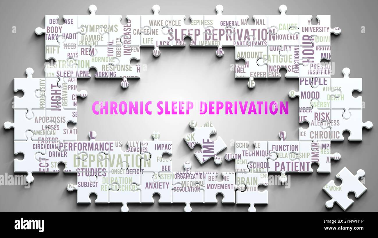 La privazione cronica del sonno è un argomento complesso, correlato ad altri argomenti importanti. Foto Stock