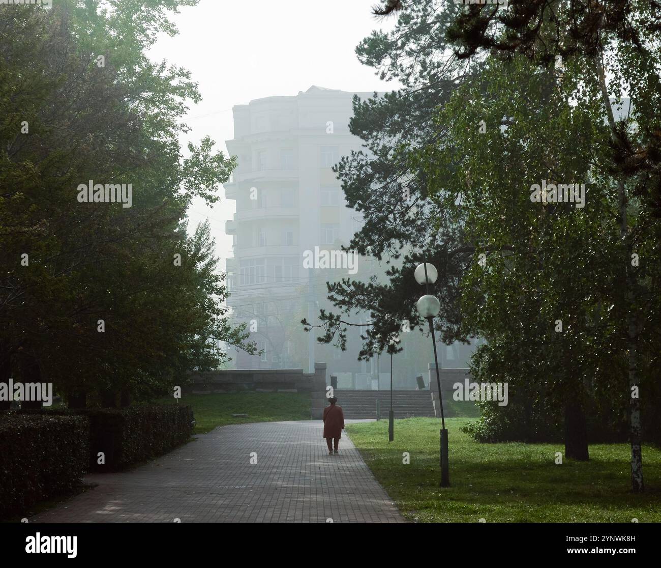Una donna cammina lungo una passerella del parco in una mattinata cupa e nebbiosa Foto Stock
