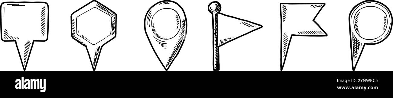 Un set di sei perni di forma diversa con una bandiera sulla parte superiore. Le bandiere sono di dimensioni e forme diverse Illustrazione Vettoriale