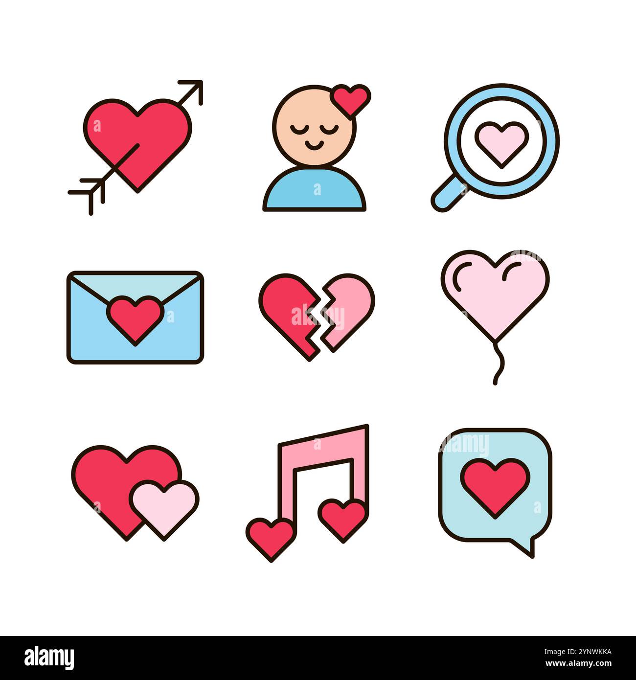 Set di icone colorate e simpatiche legate all'amore Illustrazione Vettoriale