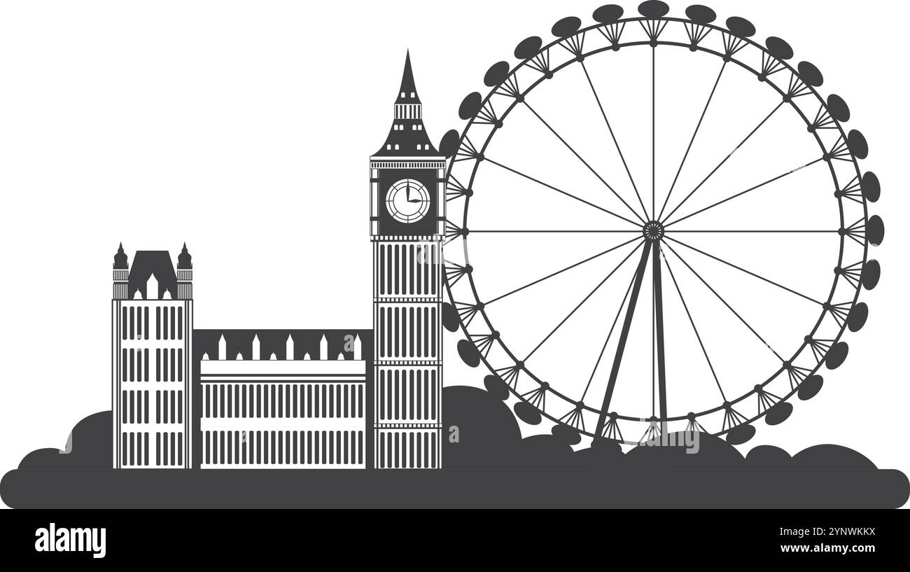 Un disegno in bianco e nero di Londra con la torre dell'orologio del Big Ben e la ruota panoramica del London Eye Illustrazione Vettoriale