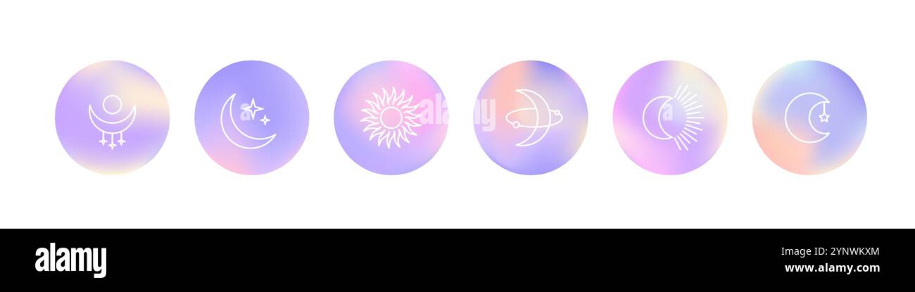 Cerchi sfumati vivaci con linee artistiche di sole, luna e mistico malocchio Illustrazione Vettoriale