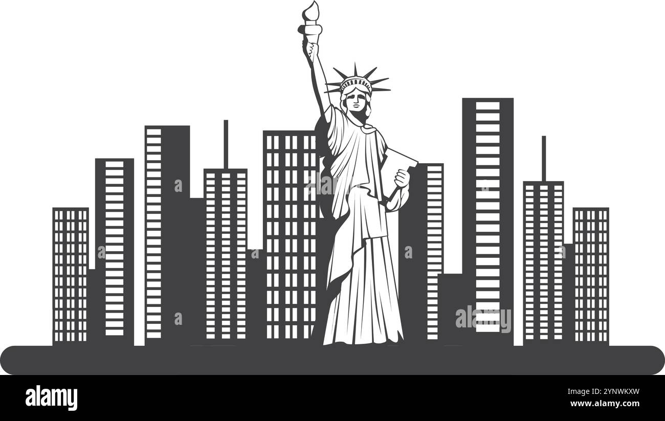 Una statua di una donna che regge una torcia è in piedi di fronte allo skyline della città. La statua è della Statua della libertà e si trova a New York City. TH Illustrazione Vettoriale