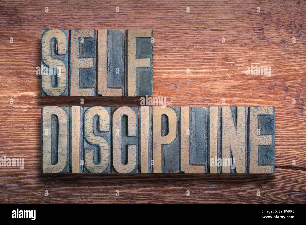 frase autodisciplina combinata su una superficie in legno verniciato vintage Foto Stock