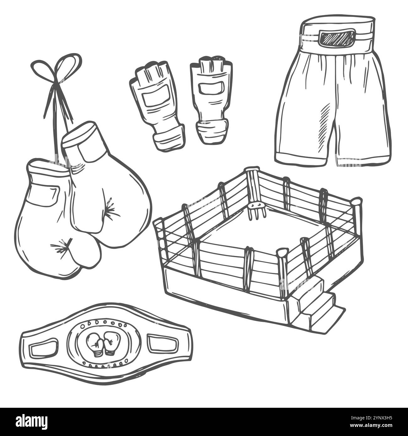 Set vettoriale Doodle: Attrezzature sportive da boxe e oggetti come canotta, tronco, attrezzatura da combattimento, guanti, cintura, speed bag, ecc. Illustrazione Vettoriale