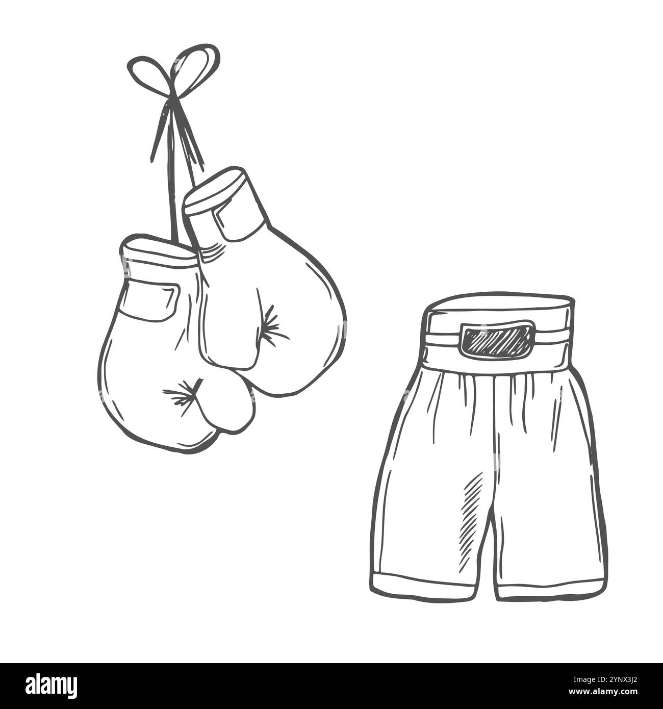 Doodle Vector Set: Attrezzature sportive di boxe e oggetti come canotta, tronco, combattimenti, guanti, cintura, speed bag, ecc. Illustrazione della linea in bianco e nero Illustrazione Vettoriale