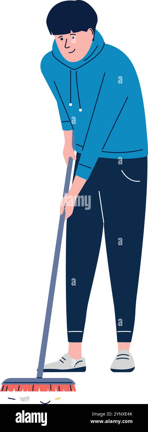 Un uomo sta spazzando il pavimento con una scopa Illustrazione Vettoriale