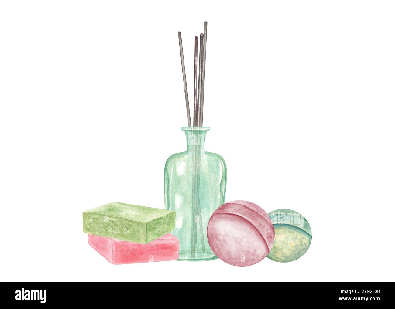 Diffusore reed con bastoncini profumati, bombe da bagno verdi, rosa e sapone illustrazione acquerello. Spruzzare la bottiglia con olio organico essenziale Foto Stock