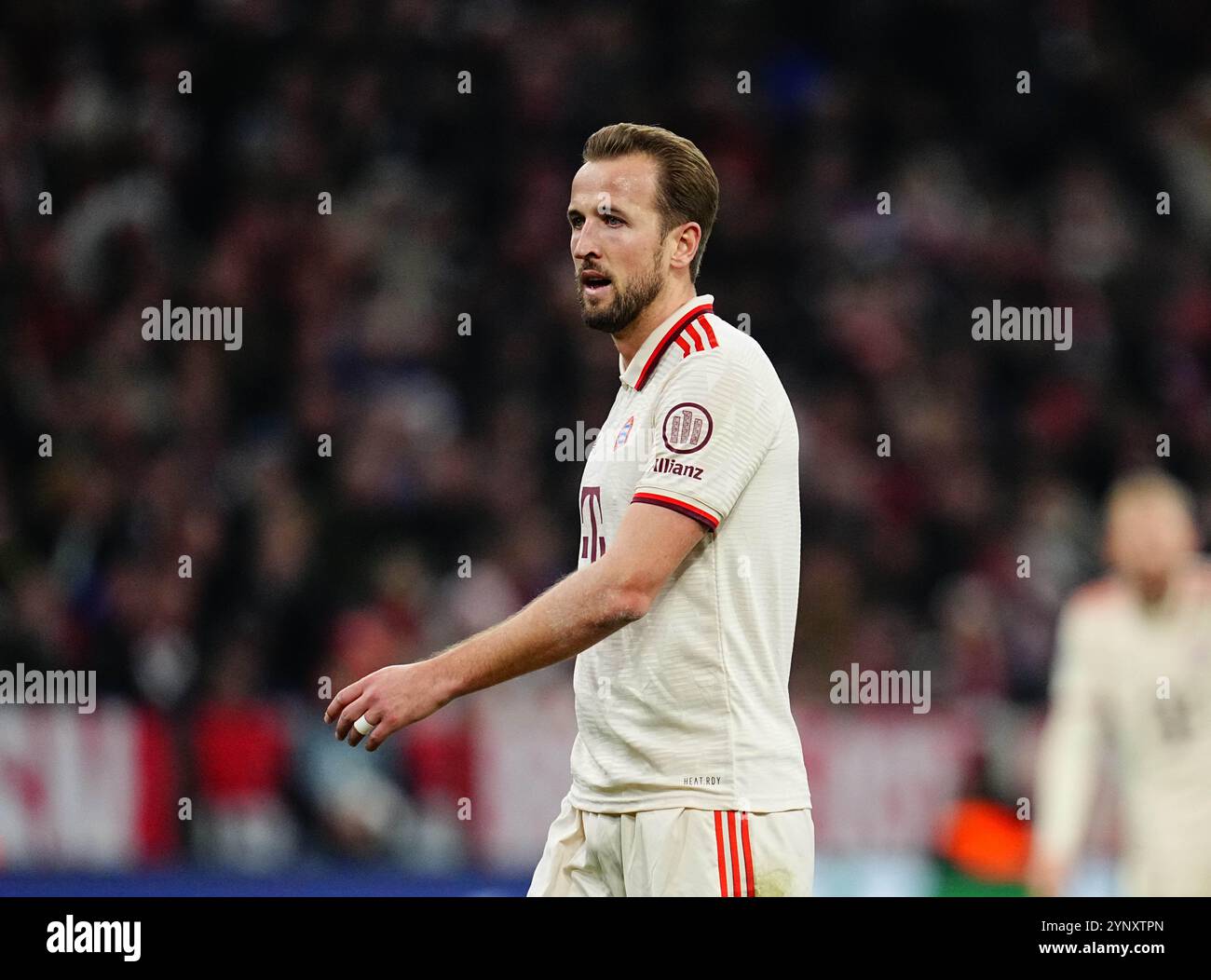 Novembre 26 2024: Harry Kane del Bayern Monaco guarda durante una partita di Champions League 5, contro il Paris Saint-Germain, all'Allianz Areana di Monaco, Germania. Ulrik Pedersen/CSM Foto Stock