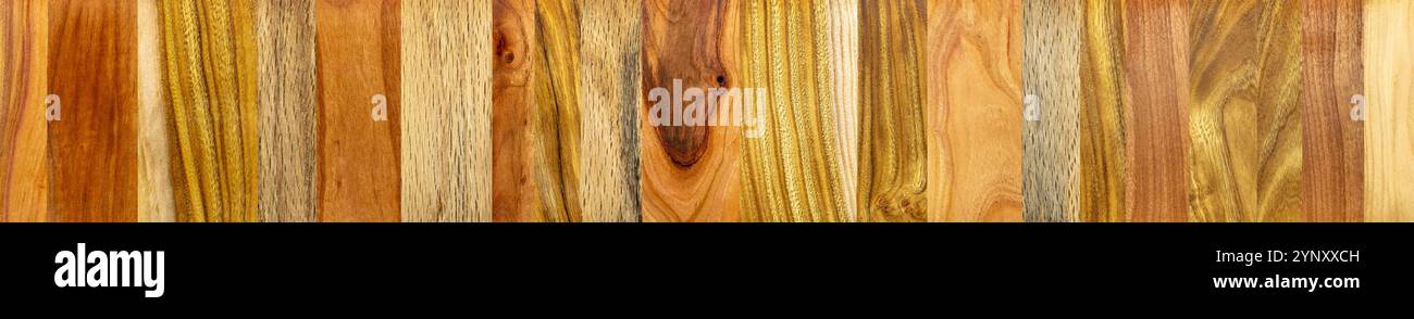 Tavole di legno verticali che mostrano una varietà di colori e texture Foto Stock