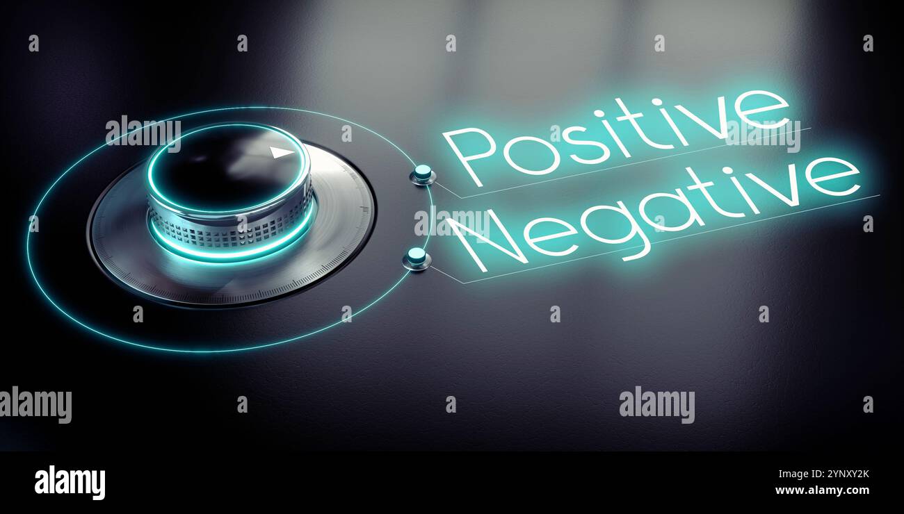 Positivo, negativo - manopola rotante e parole luminose - illustrazione 3D. Foto Stock