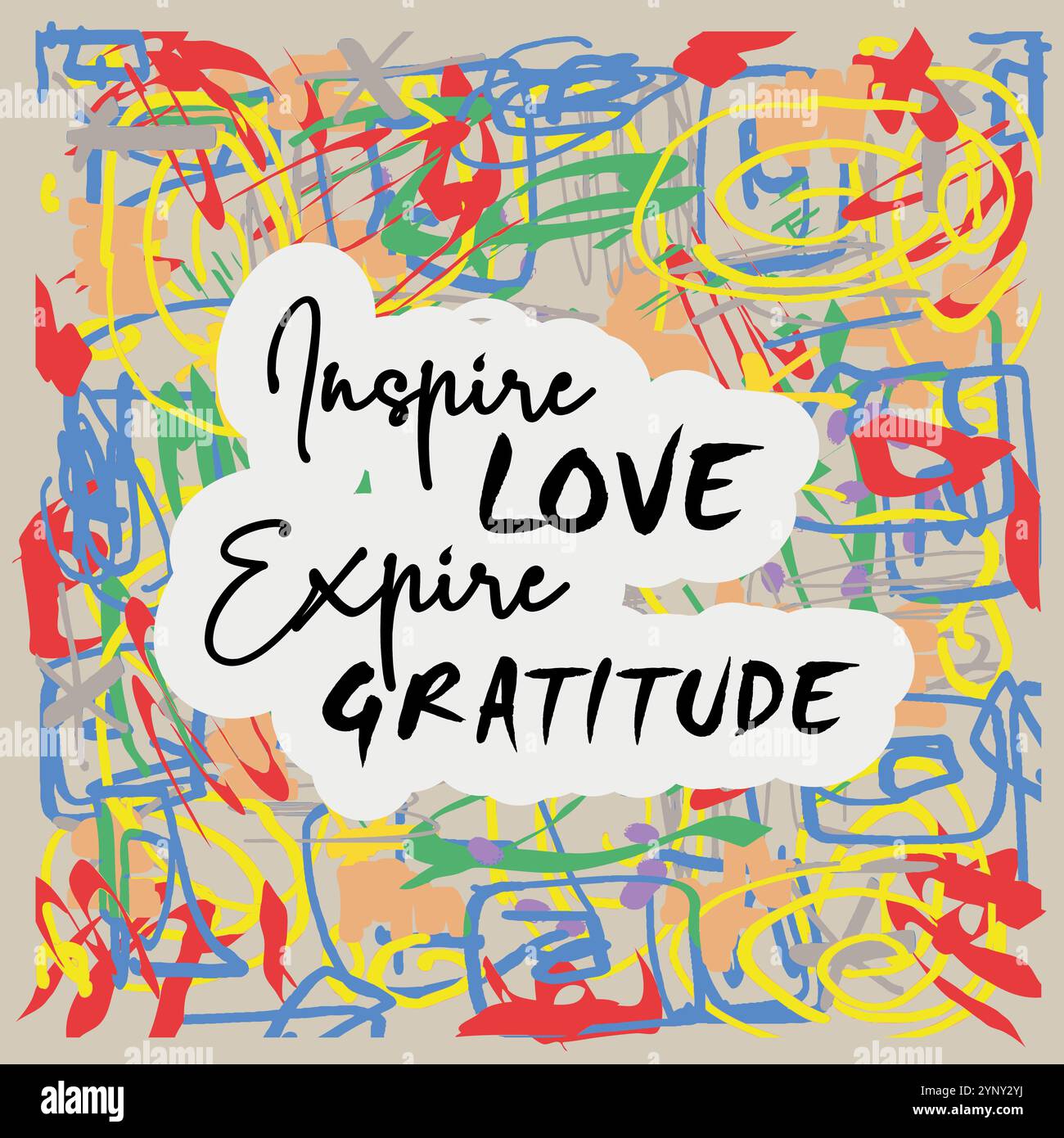 Inspirire Love espiate gratitude - lettere con forme astratte e doddles in più colori Illustrazione Vettoriale