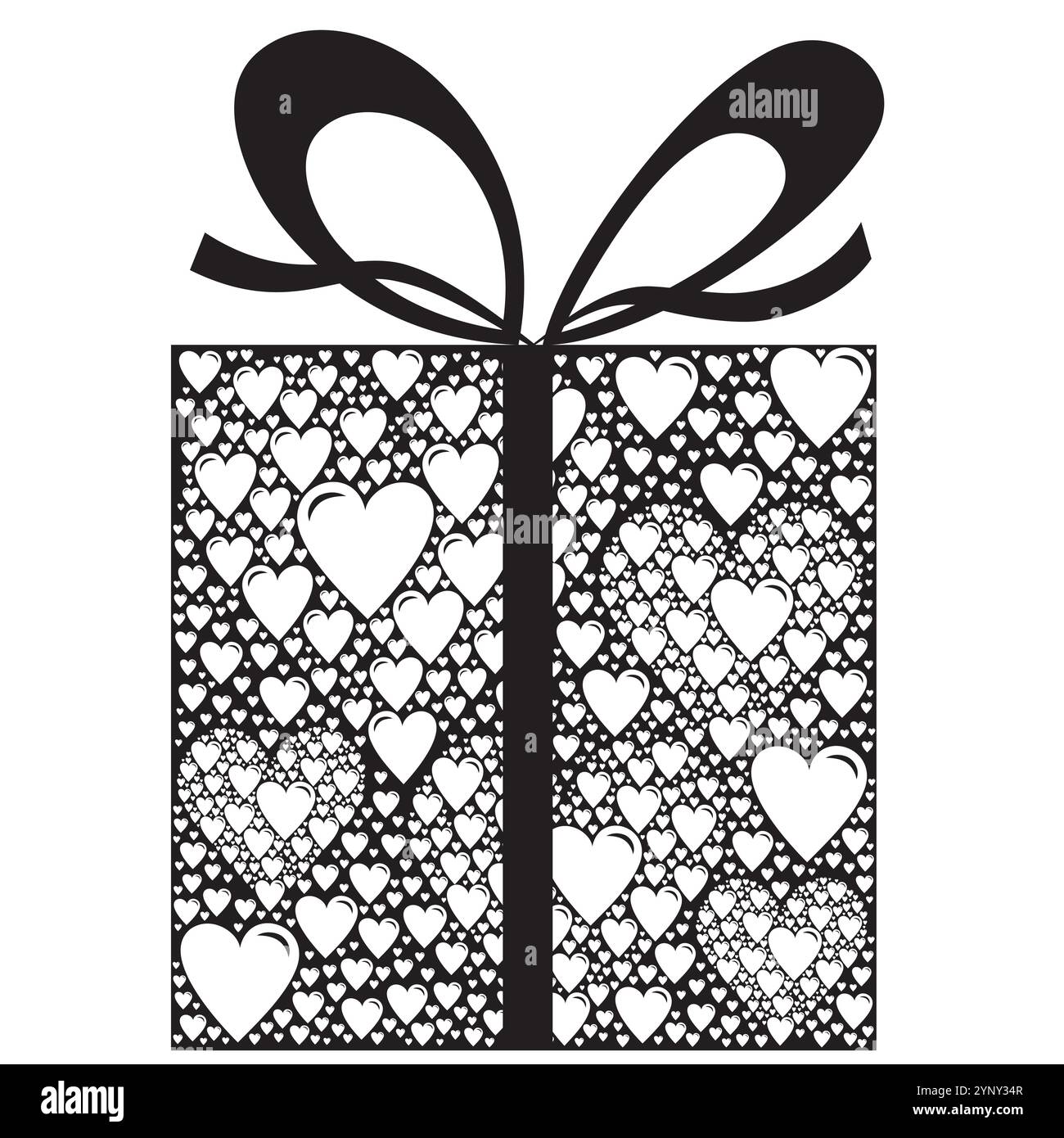 Confezione regalo in più motivi cuori e nastro in bianco e nero Illustrazione Vettoriale