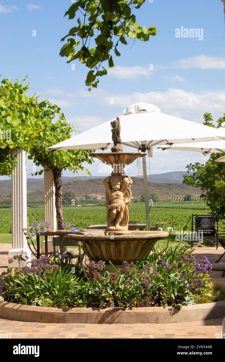 Fontana sulla terrazza Deli presso la tenuta vinicola Weltevrede, Bonnievale, Breede River Valley Route 62, Western Cape Winelands, Sud Africa con vista sulle vigne Foto Stock