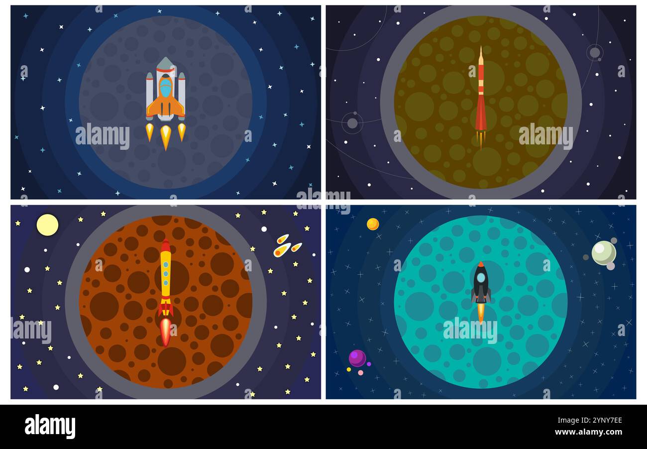 Set di quattro illustrazioni vettoriali con razzo volante. Viaggi nello spazio. Illustrazione Vettoriale
