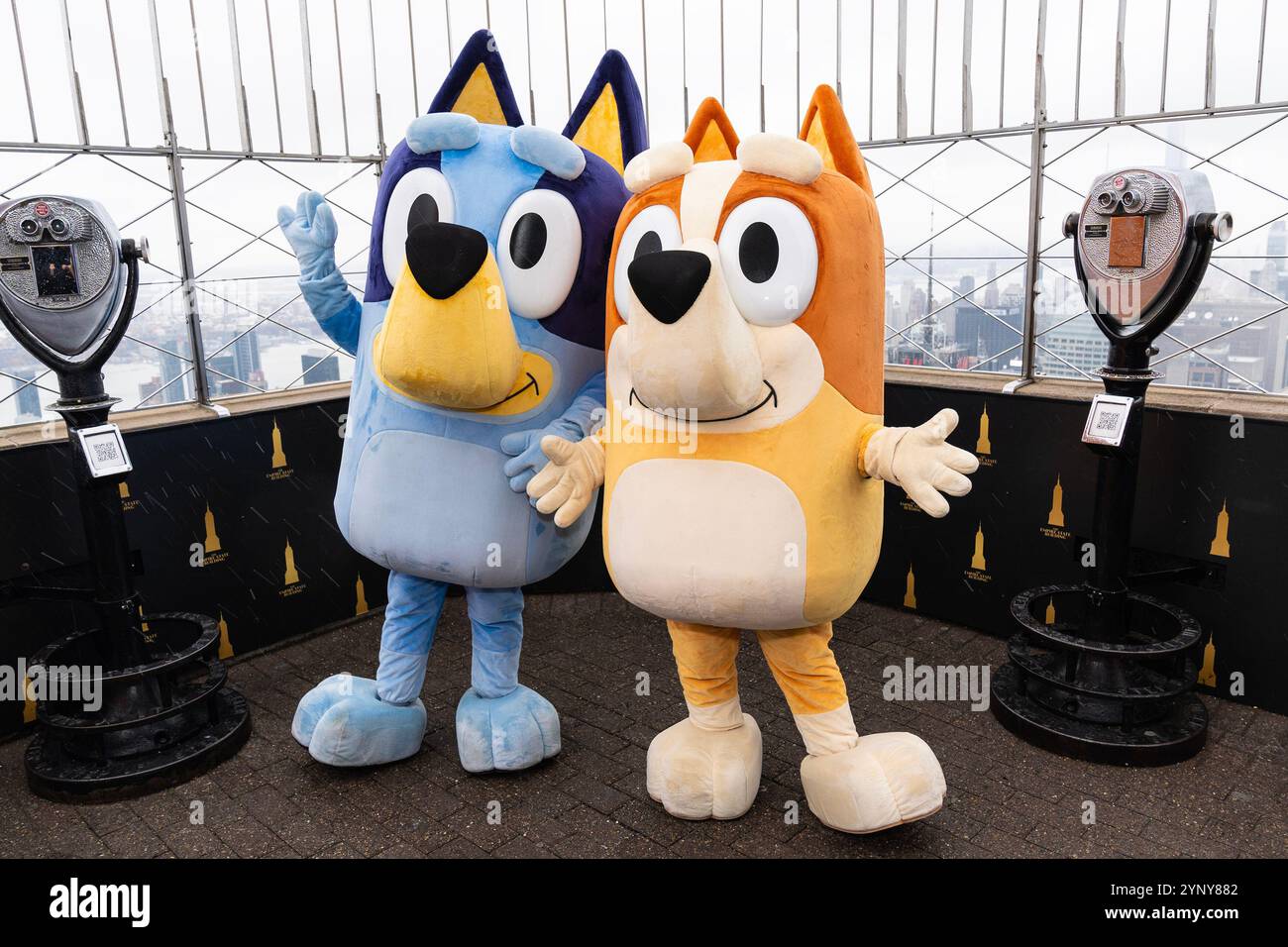 New York, NY, Stati Uniti, 22 novembre 2024: Bluey, Bingo della serie televisiva animata Disney 'Bluey' visita l'Empire State Building a New York il 22 novembre 2024 in vista della parata del giorno del Ringraziamento di Macy, dove volerà la mongolfiera di Bluey. Crediti: Lev Radin/Alamy Live News Foto Stock