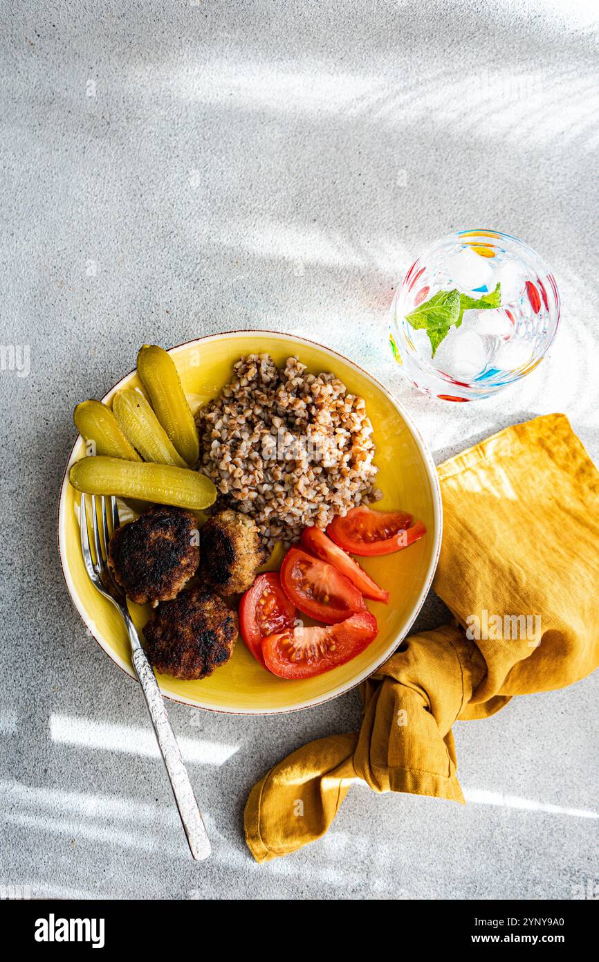 Vista dall'alto di grano saraceno, cotolette di carne, pomodori e cetriolini sottaceto con un bicchiere di acqua ghiacciata e menta fresca Foto Stock