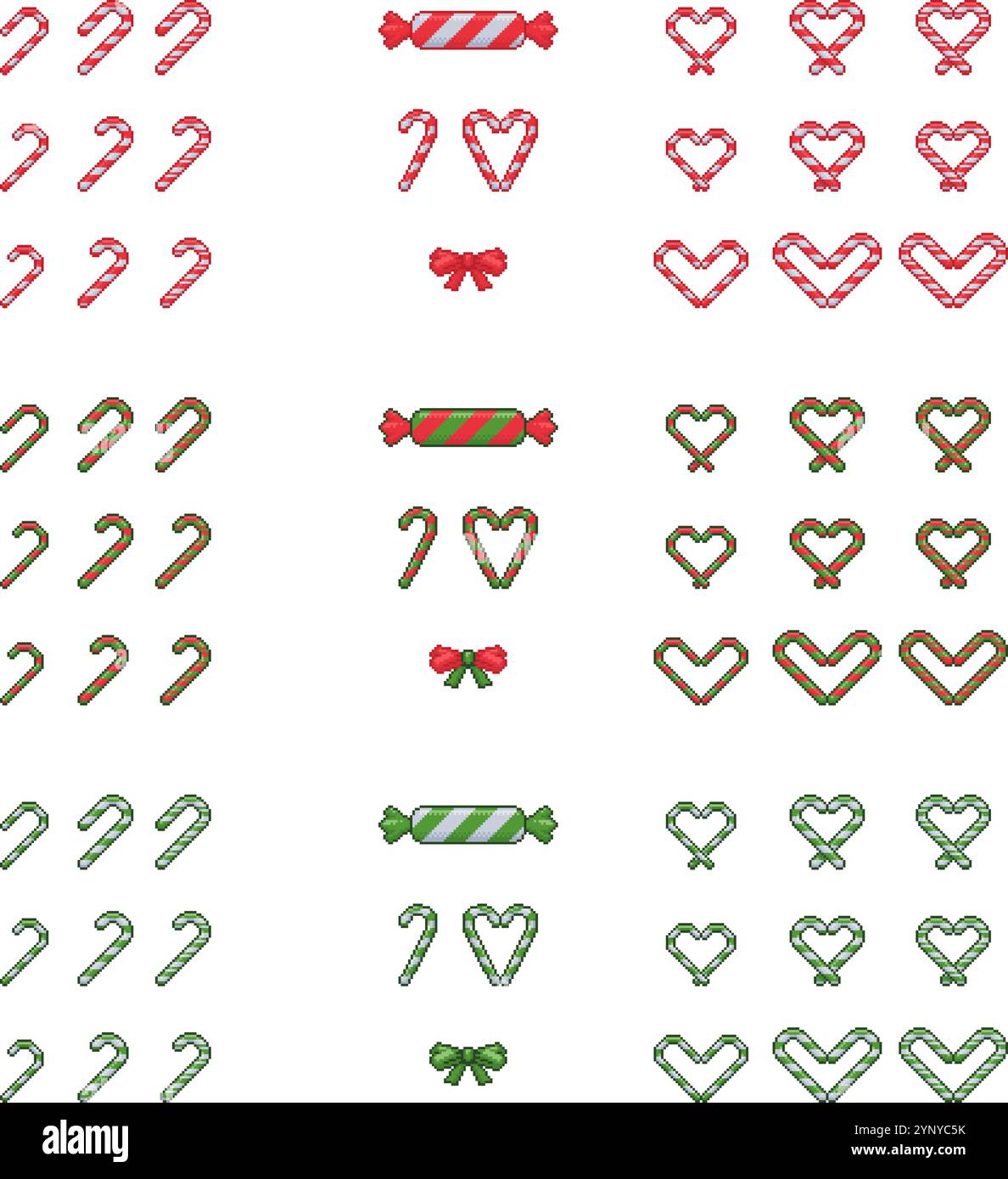 Caramelle natalizie, dolci, canna da zucchero incastonata in pixel art. Collezione di caramelle alla menta piperita a 16 bit. Stile videoludico 2D rétro Illustrazione Vettoriale