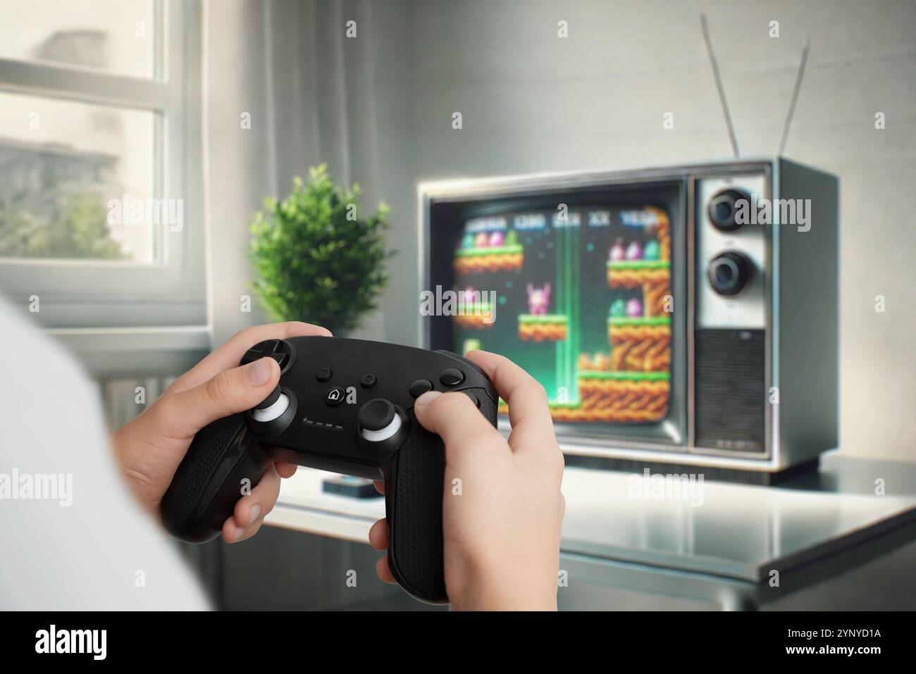 Giocatore che utilizza un gamepad per giocare a un platform su un TV retrò, mostrando il concetto di gioco classico e intrattenimento nostalgico Foto Stock