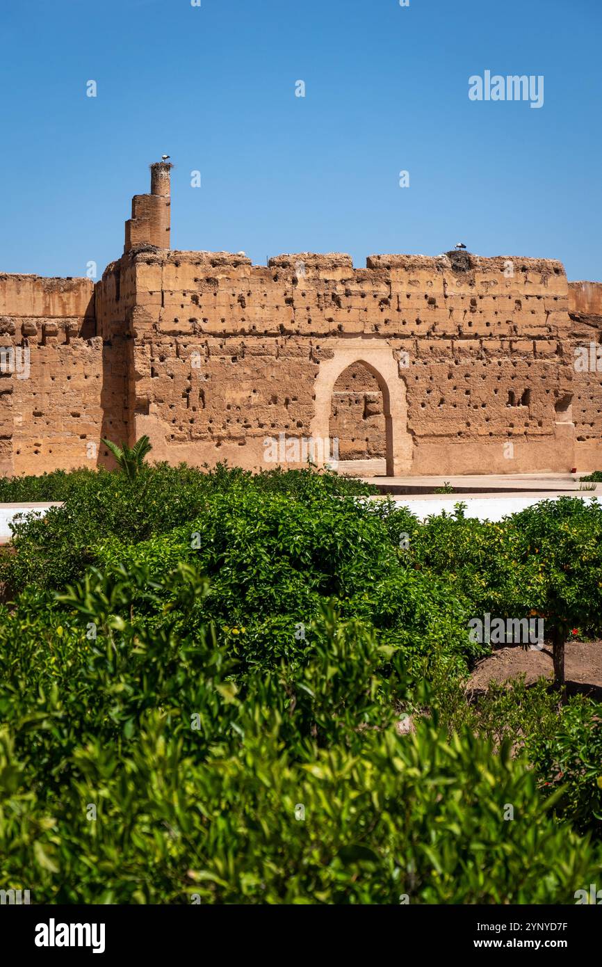 Cortile interno all'aperto del Palazzo El Badii a Marrakech, catturato alla luce del giorno Foto Stock
