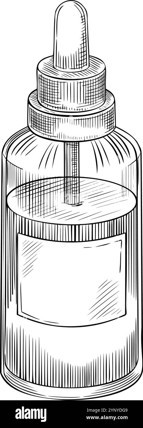 Disegno vettoriale di una bottiglia di olio essenziale con contagocce. Illustrazione lineare di flaconcino di vetro con liquido dipinto da inchiostri neri per aromaterapia o erboristeria. Incisione del profilo per la progettazione di un prodotto. Illustrazione Vettoriale