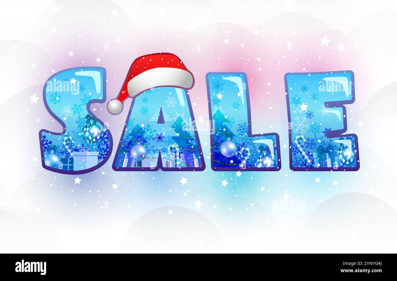 SALDI invernali simpatici banner con oggetti decorativi da x mas e iscrizione in stile 3D S A L E. sfondo innevato. Design colorato. Banner pubblicitario. Isolato Illustrazione Vettoriale