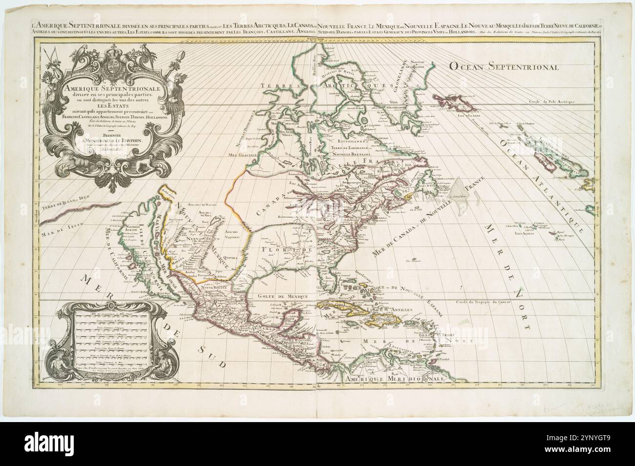 Amerique septentrionale divisÃ©e en ses principales parties :: Ou sont distinguÃ©s les vns des autres les estats suivant quils appartengono presentemet aux Francois, Castillans, Anglois, Suedois, Danois, Hollandois, tirÃ©e des relations de toutes ces Nations 1692 di Sanson, Nicolas (1600-1667 ) Foto Stock