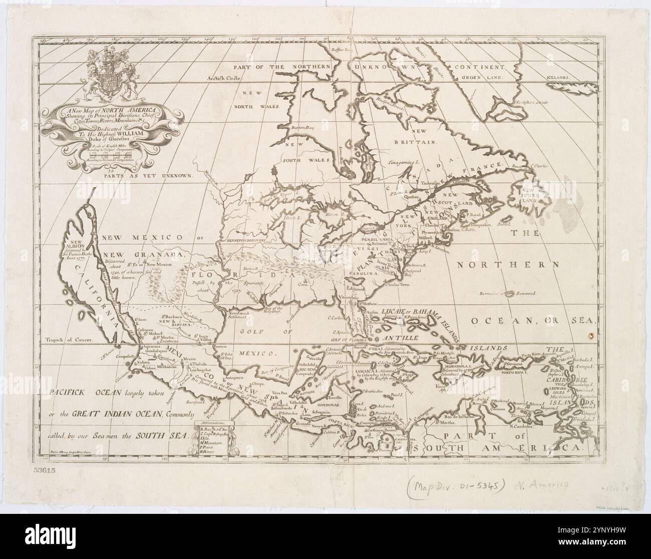 Una nuova mappa del Nord America che sfocia le sue principali divisioni, città principali, townes, fiumi, montagne e c.. 1719 di Burghers, M.. Foto Stock