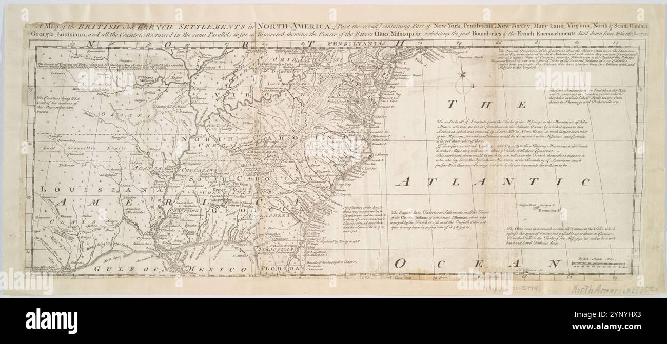 Mappa degli insediamenti inglesi e francesi in Nord America : (parte seconda) contenente parte di New York, Pensilvania, New Jersey, Mary Land, Virginia, Carolina del Nord e del Sud, Georgia, Louisiana e tutti i paesi a ovest nelle stesse parelline fino a quando scoperte, sfociando il corso dei fiumi Ohio, Missisipi e c.. Mostra i confini giusti e le invasioni francesi stabilite da Authentic Surveys 1755 di Bowen, Thomas, -1790 Foto Stock
