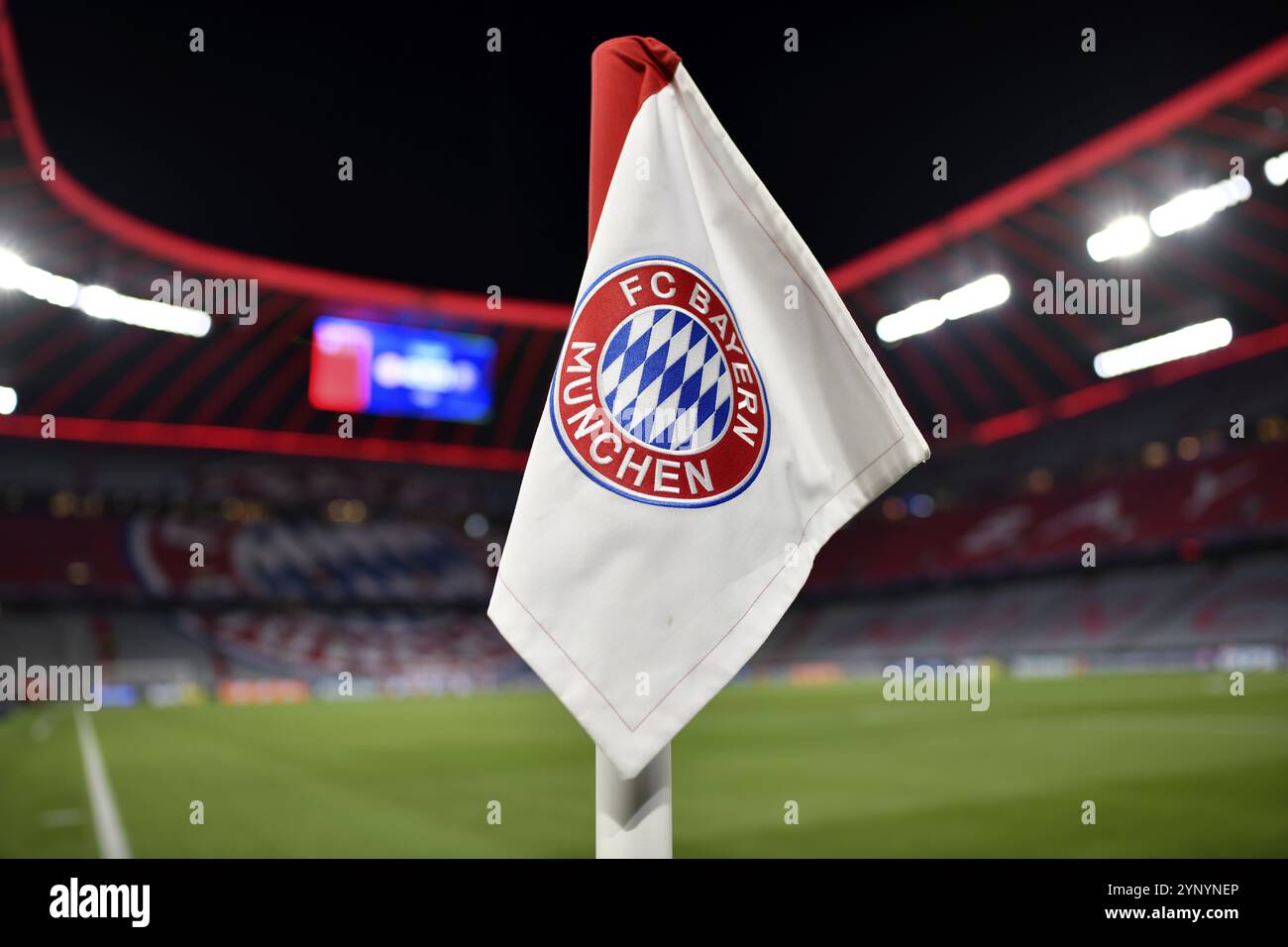 Tiro notturno, bandiera d'angolo con logo FC Bayern Monaco FCB, Champions League, Allianz Arena, Monaco, Baviera, Germania, Europa Foto Stock