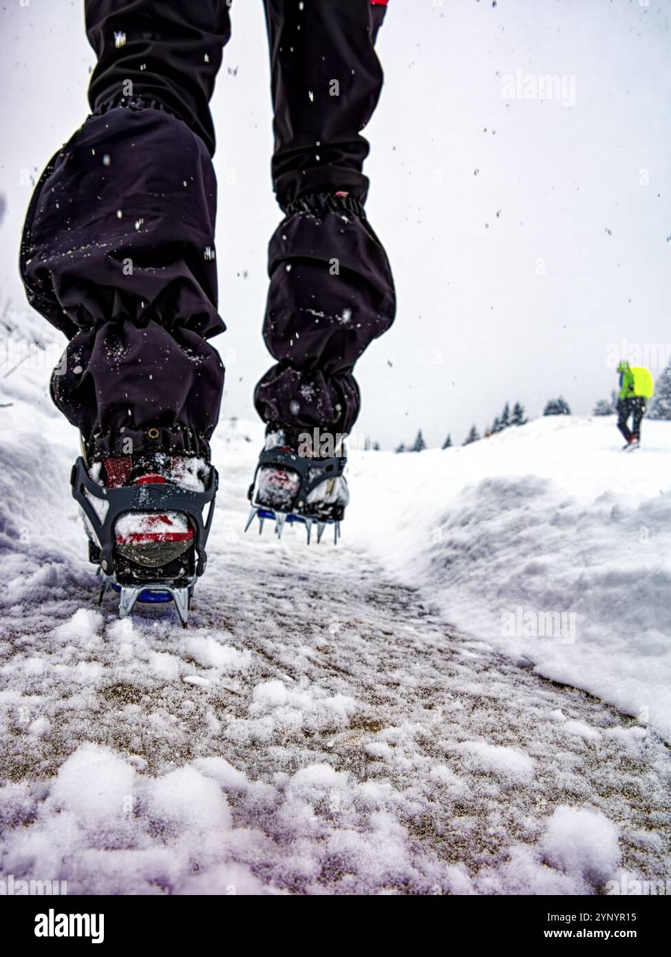Primo piano dei ramponi in un trekking invernale Foto Stock