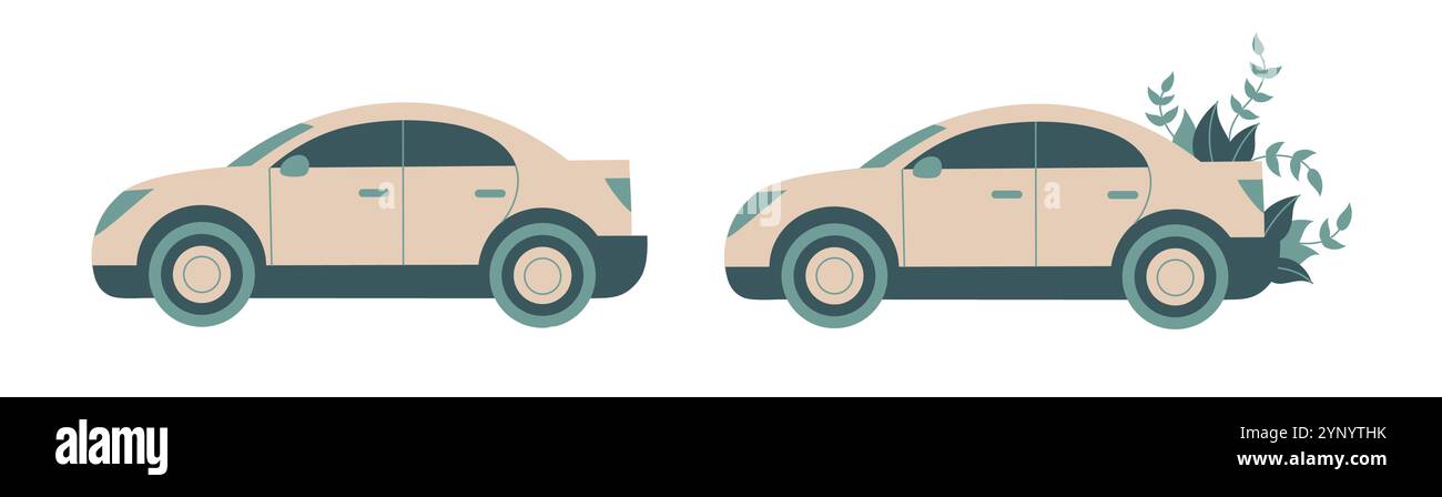 Questa immagine grafica piatta vettoriale raffigura due auto in uno stile minimalista. Illustrazione Vettoriale