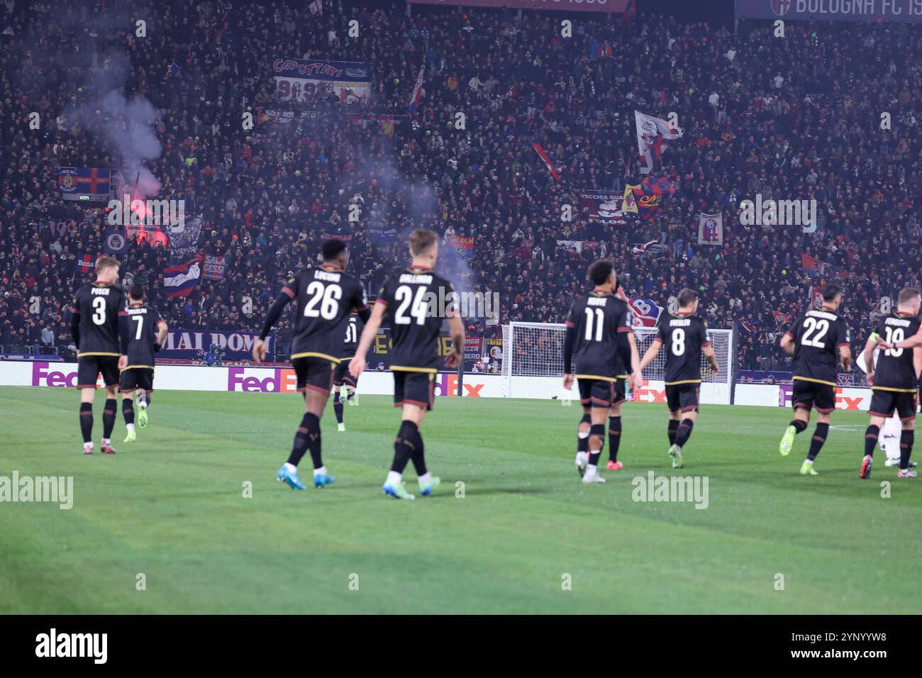 Bologna, Bologna, ITALIA. 27 novembre 2024. Durante la partita di Champions League 27/11/2024 partita di calcio tra FC Bologna e SC Lille allo stadio Dall'Ara di Bologna. Nella foto: Goal il Thijs Dallinga del Bologna FC. (Credit Image: © Fabio Sasso/ZUMA Press Wire) SOLO PER USO EDITORIALE! Non per USO commerciale! Foto Stock