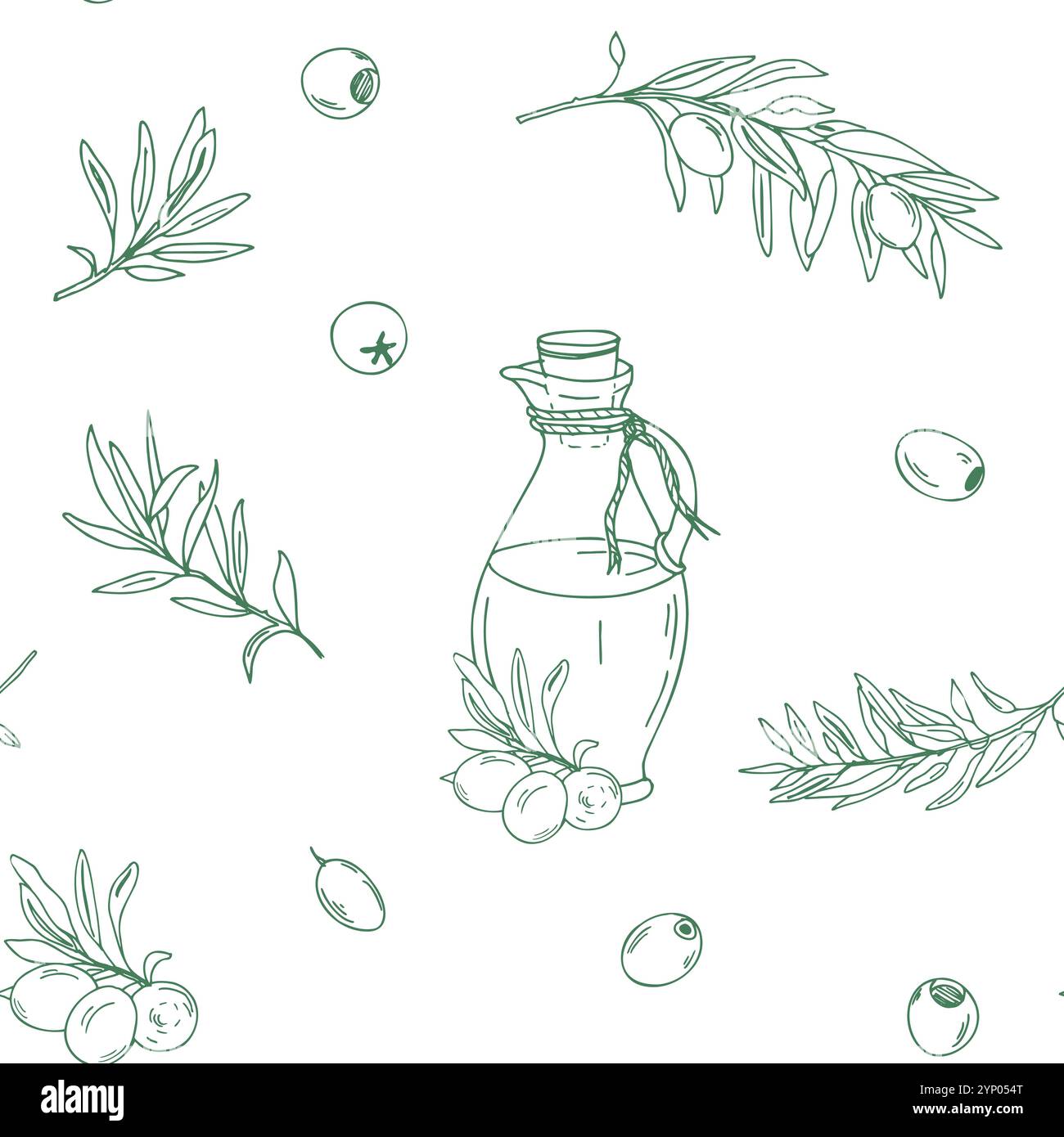 Motivo senza cuciture con rami verdi di olive e caraffa di vetro con olio. Disegno a inchiostro. Illustrazione Vector disegnata a mano in bianco e nero. Può essere utilizzato per Illustrazione Vettoriale