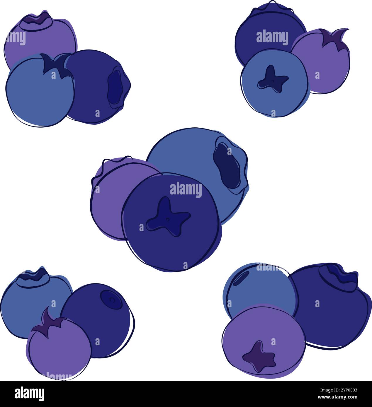 Stile del contorno grafico con composizione a mirtillo di grandi dimensioni. Illustrazione vettoriale isolata su sfondo bianco trasparente con tre bacche Illustrazione Vettoriale